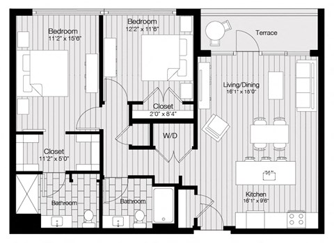 Floor plan for 2 beds, 2 baths, 1118 sqft